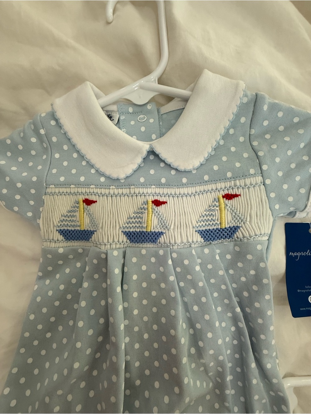 Light Blue Polka Dot Smocked Sailboat Baby One-Piece Bodysuit